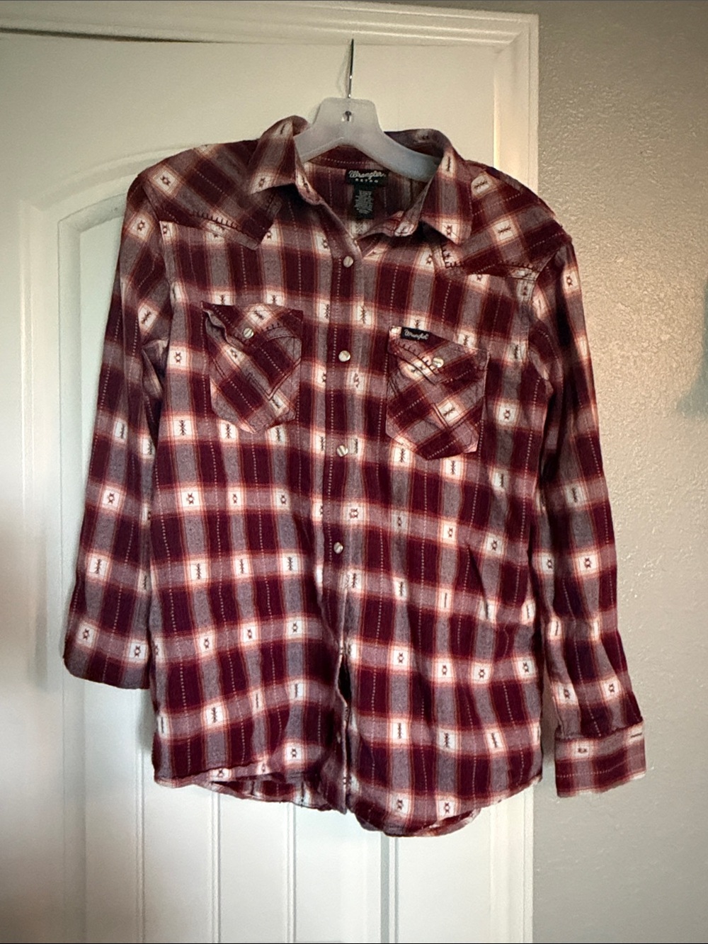 Wrangler Burgundy and Cream Plaid Western Shirt